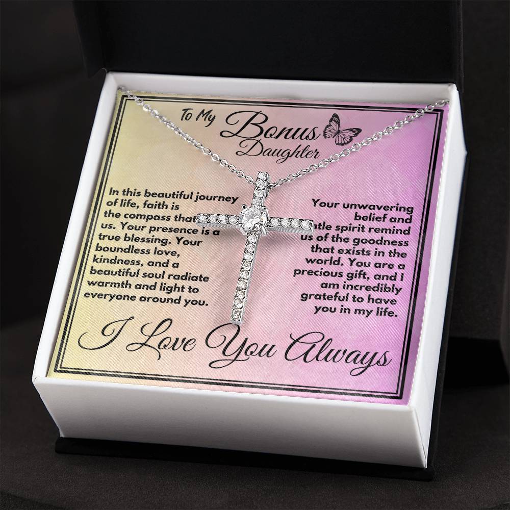 Birthday Gift For My Bonus Daughter/Stepdaughter, Elegant CZ Cross Jewelry With A Message In A Gift Box, Unique Pendant Gifts Ideas To My Adopted Child, - Zahlia