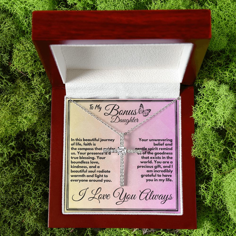 Birthday Gift For My Bonus Daughter/Stepdaughter, Elegant CZ Cross Jewelry With A Message In A Gift Box, Unique Pendant Gifts Ideas To My Adopted Child, - Zahlia
