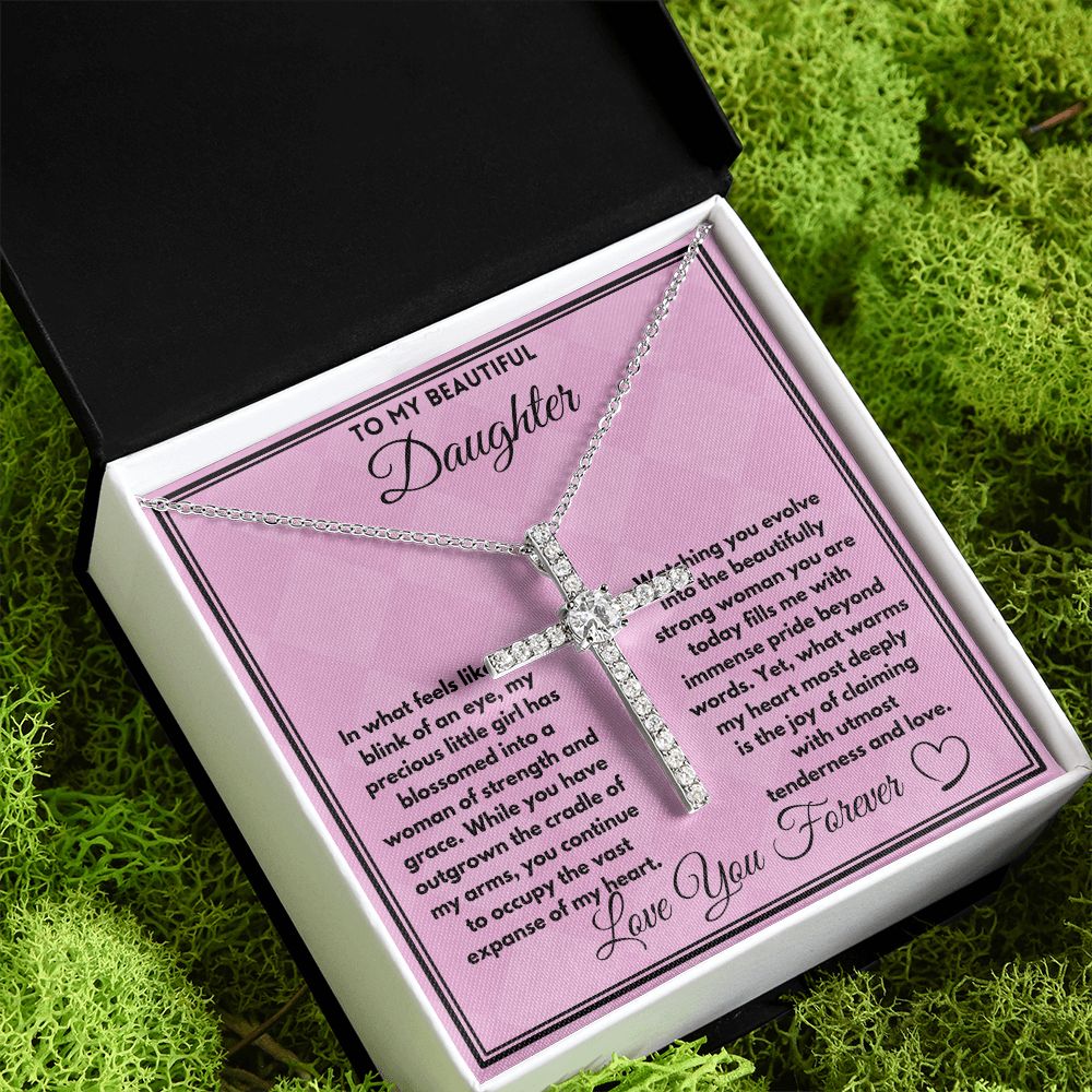 Birthday Gift Ideas To Daughter, Cz cross Necklace with a heartfelt message card in a box, Jewelry Pendant Gifts For daughter/Stepdaughter, Present From Parents - Zahlia