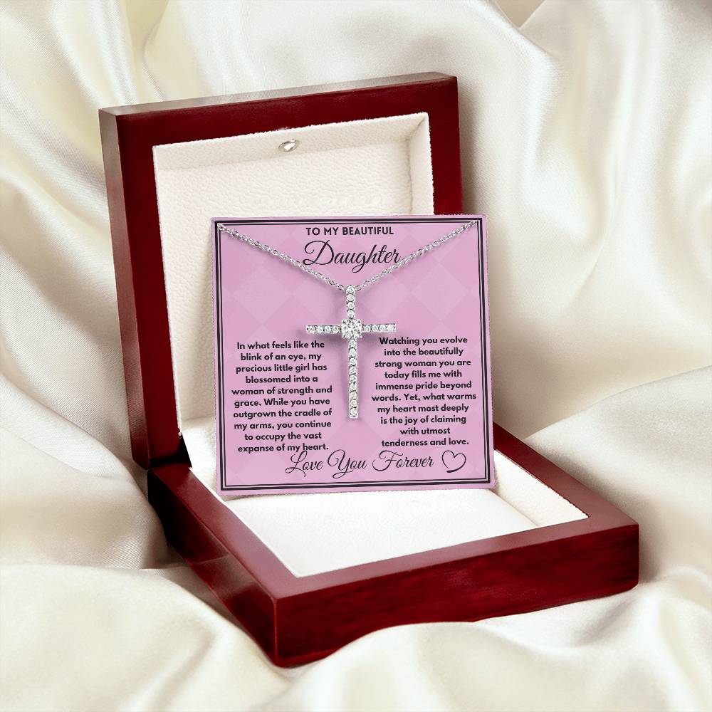 Birthday Gift Ideas To Daughter, Cz cross Necklace with a heartfelt message card in a box, Jewelry Pendant Gifts For daughter/Stepdaughter, Present From Parents - Zahlia
