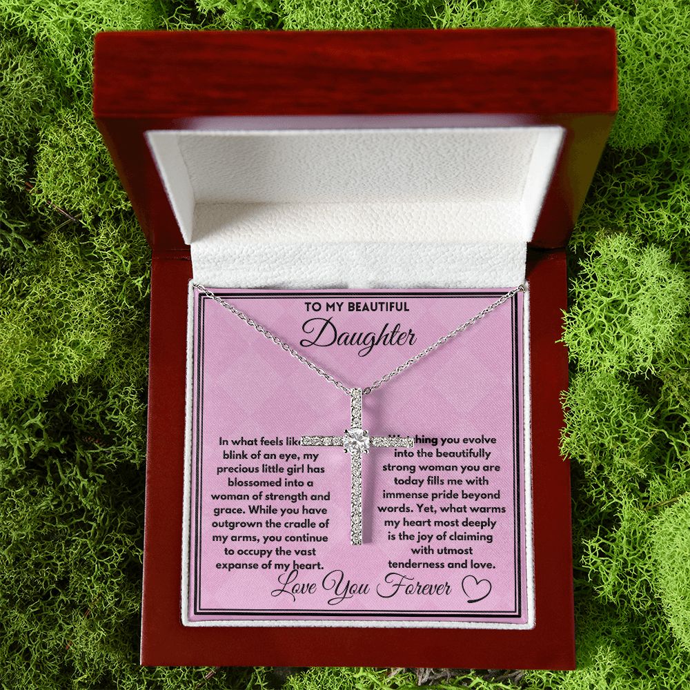 Birthday Gift Ideas To Daughter, Cz cross Necklace with a heartfelt message card in a box, Jewelry Pendant Gifts For daughter/Stepdaughter, Present From Parents - Zahlia