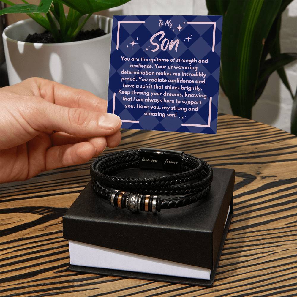 Birthday Gift To My Son, Black Vegan Bracelet With A Message Card In A Gift Box, Unique Gifts Ideas For Boys/Guys/Mens From Mom/Dad/Parents, Cool Present For Him - Zahlia
