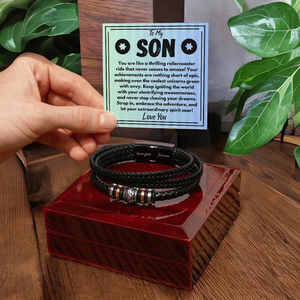 Birthday Gift To My Son, Black Vegan Leather Bracelet With A Message Card In A Gift Box, Unique Gifts Ideas For Boys/Guys/Mens From Mom/Dad/Parents, Cool Present For Him - Zahlia