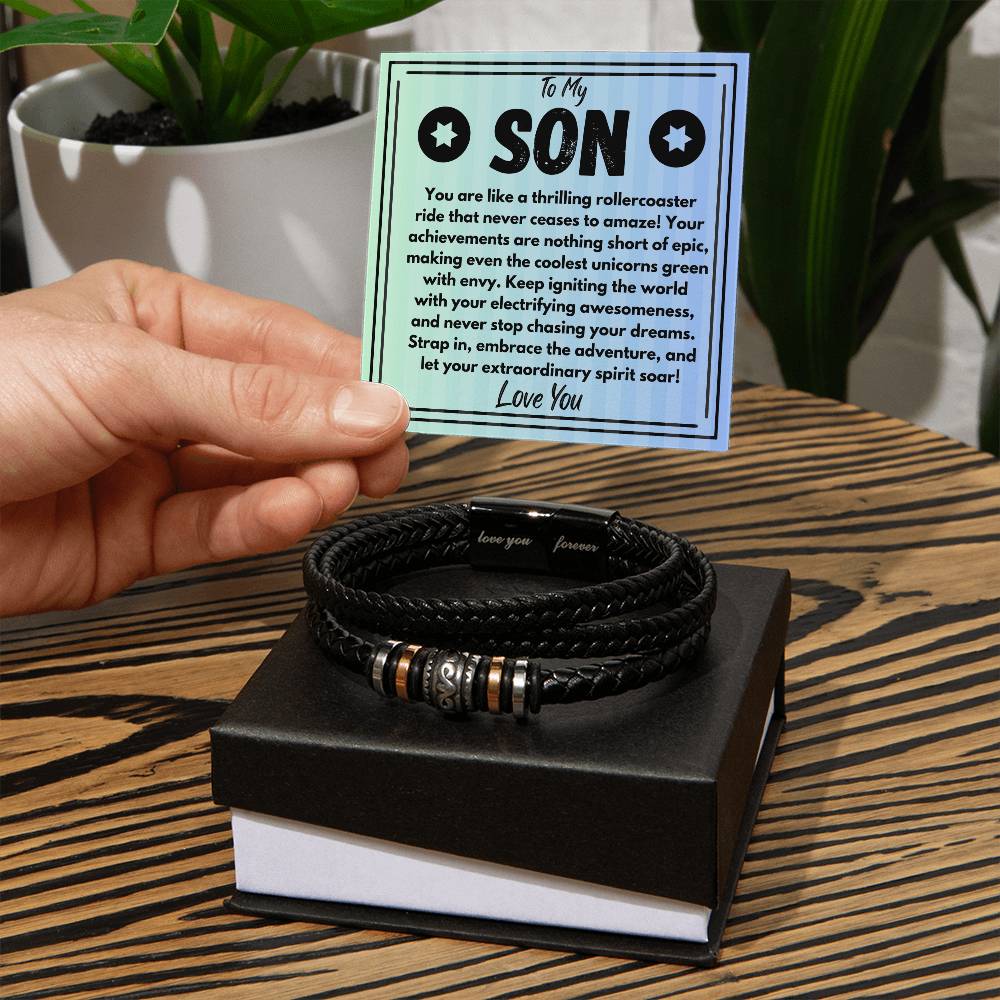 Birthday Gift To My Son, Black Vegan Leather Bracelet With A Message Card In A Gift Box, Unique Gifts Ideas For Boys/Guys/Mens From Mom/Dad/Parents, Cool Present For Him - Zahlia