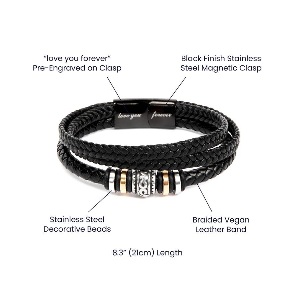 Birthday Gift To The Best Dad/Father In The World, Black Vegan Leather Bracelet With A Message Card In A Gift Box, Cool Mens Jewelry Band For Bday, Present From Children - Zahlia