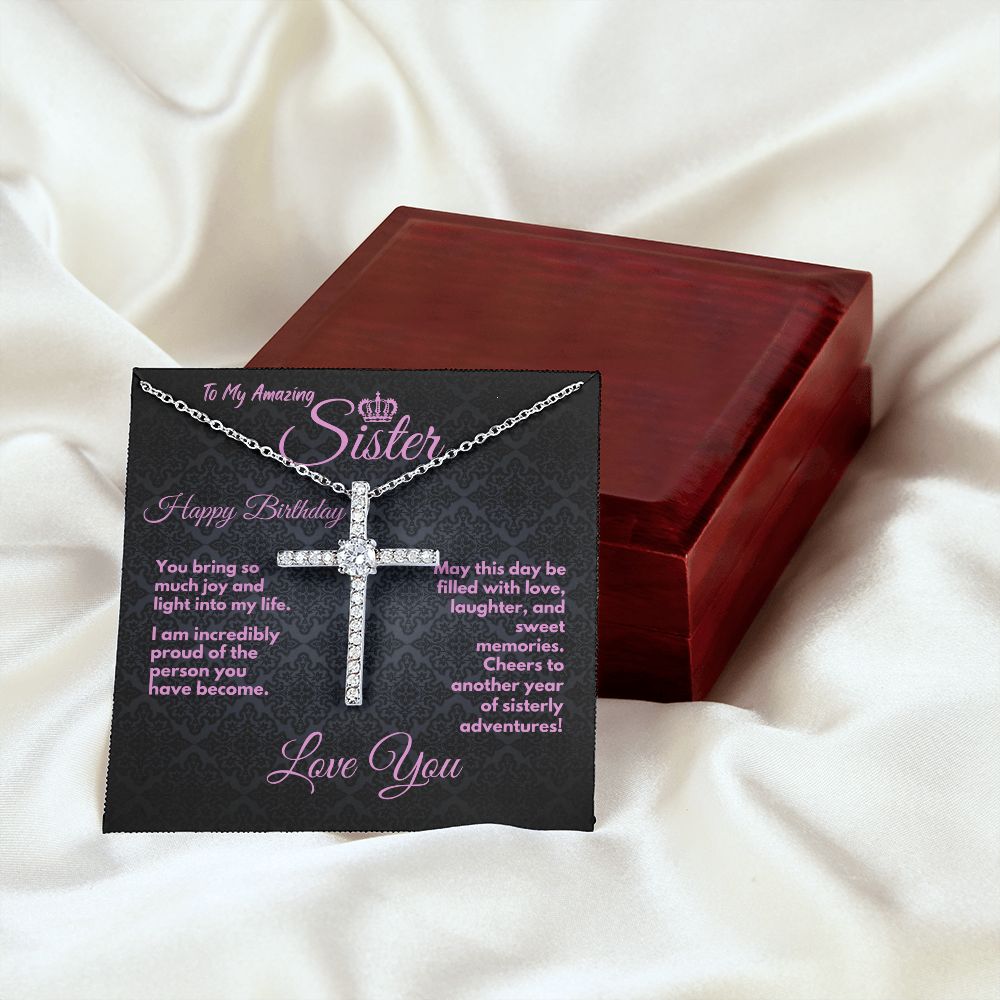 Cute Birthday Gift Ideas To My Sister/Stepsister, Present To Sibling With A Message Card In A Box, CZ Cross Jewelry Necklace To Bonus Sister On Her Bday, Heart Pendant - Zahlia