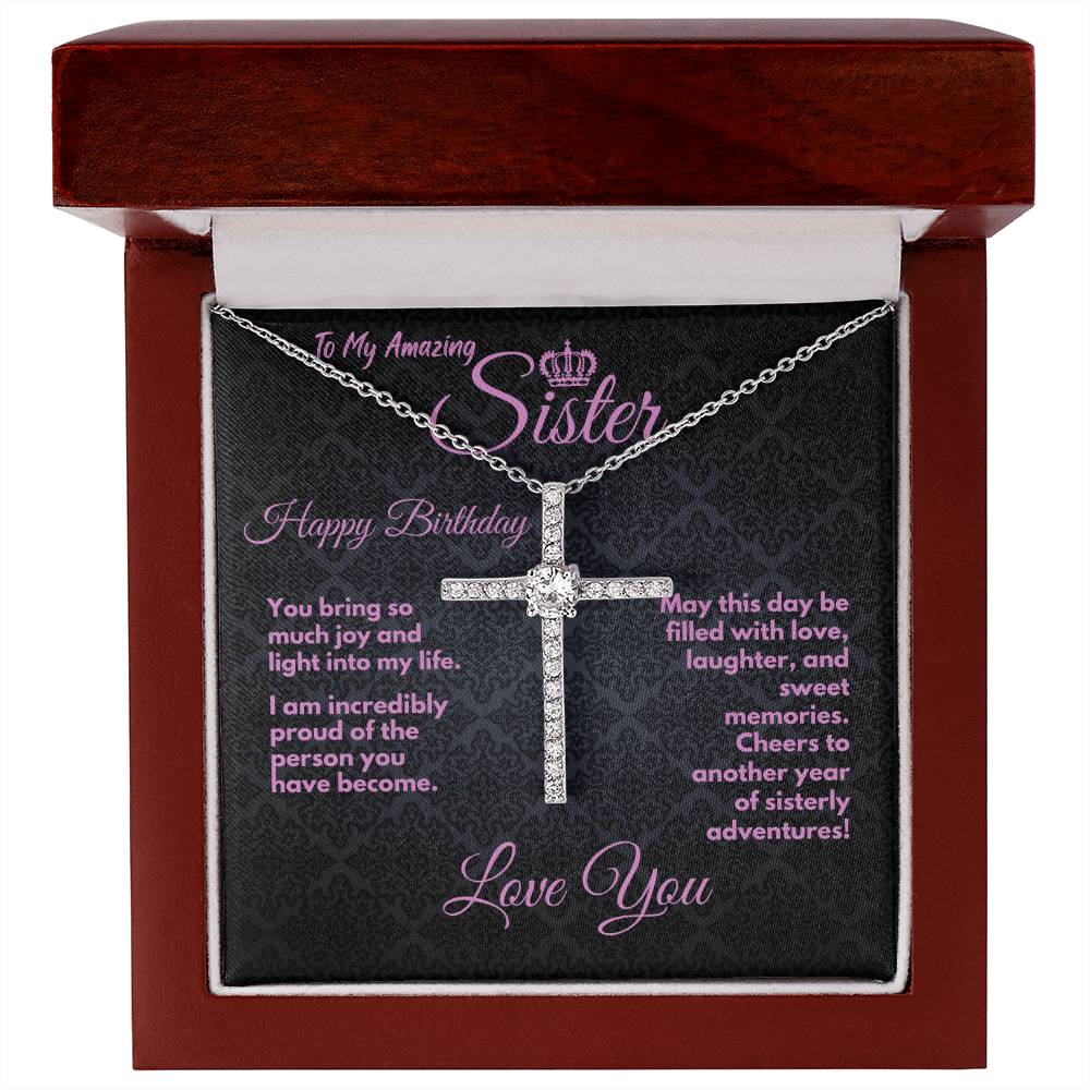 Cute Birthday Gift Ideas To My Sister/Stepsister, Present To Sibling With A Message Card In A Box, CZ Cross Jewelry Necklace To Bonus Sister On Her Bday, Heart Pendant - Zahlia