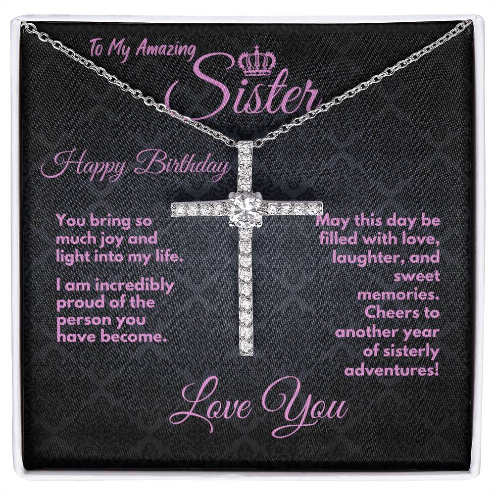 Cute Birthday Gift Ideas To My Sister/Stepsister, Present To Sibling With A Message Card In A Box, CZ Cross Jewelry Necklace To Bonus Sister On Her Bday, Heart Pendant - Zahlia