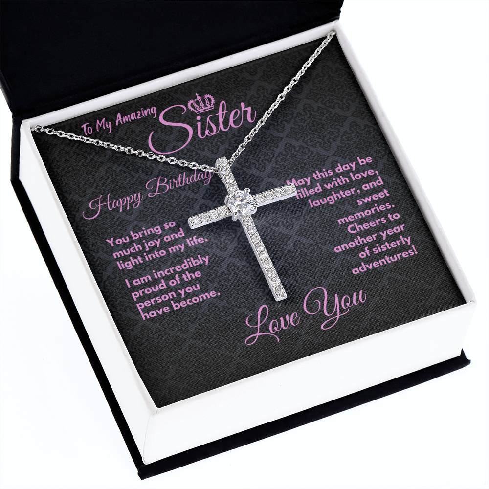 Cute Birthday Gift Ideas To My Sister/Stepsister, Present To Sibling With A Message Card In A Box, CZ Cross Jewelry Necklace To Bonus Sister On Her Bday, Heart Pendant - Zahlia