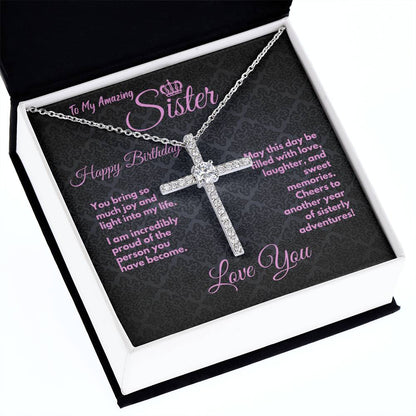 Cute Birthday Gift Ideas To My Sister/Stepsister, Present To Sibling With A Message Card In A Box, CZ Cross Jewelry Necklace To Bonus Sister On Her Bday, Heart Pendant - Zahlia