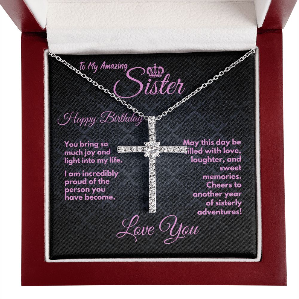 Cute Birthday Gift Ideas To My Sister/Stepsister, Present To Sibling With A Message Card In A Box, CZ Cross Jewelry Necklace To Bonus Sister On Her Bday, Heart Pendant - Zahlia