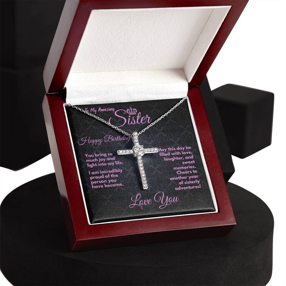 Cute Birthday Gift Ideas To My Sister/Stepsister, Present To Sibling With A Message Card In A Box, CZ Cross Jewelry Necklace To Bonus Sister On Her Bday, Heart Pendant - Zahlia