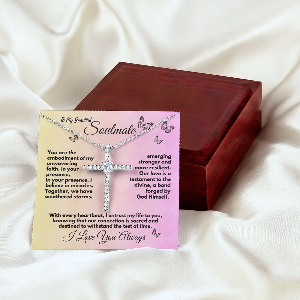 Gift To My Soulmate/Wife, Elegant Cross Necklace With Message In A Gift Box, Jewelry Present From Hubby/Partner, Unique Gift Ideas To My Religious Soulmate In Life - Zahlia