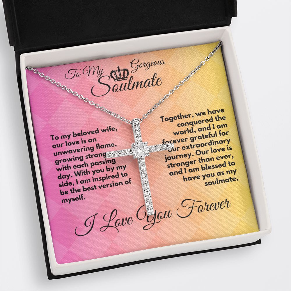 Gift To My Wife/Soulmate, Elegant CZ Cross Necklace With Message In A Gift Box, Jewelry Present For My Wife/Partner, Unique Gift Ideas To My Soulmate In Life - Zahlia