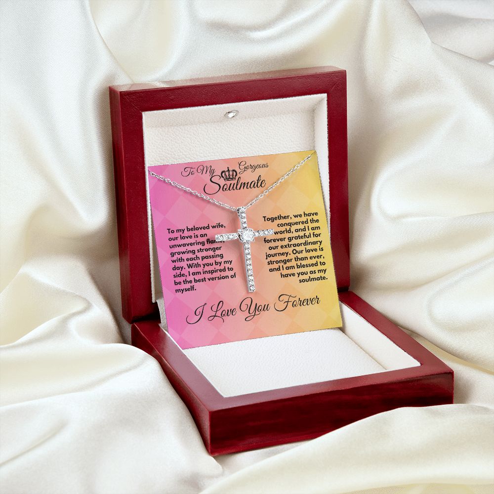Gift To My Wife/Soulmate, Elegant CZ Cross Necklace With Message In A Gift Box, Jewelry Present For My Wife/Partner, Unique Gift Ideas To My Soulmate In Life - Zahlia