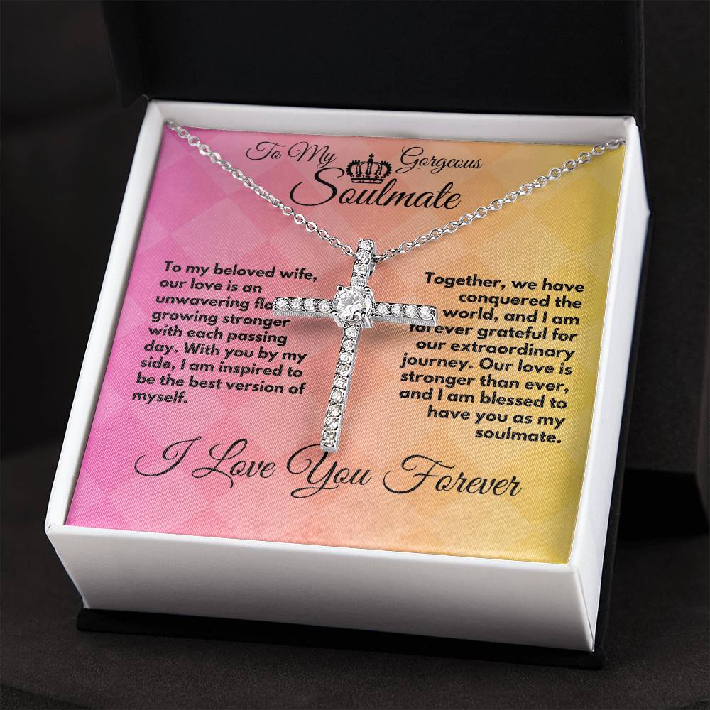 Gift To My Wife/Soulmate, Elegant CZ Cross Necklace With Message In A Gift Box, Jewelry Present For My Wife/Partner, Unique Gift Ideas To My Soulmate In Life - Zahlia