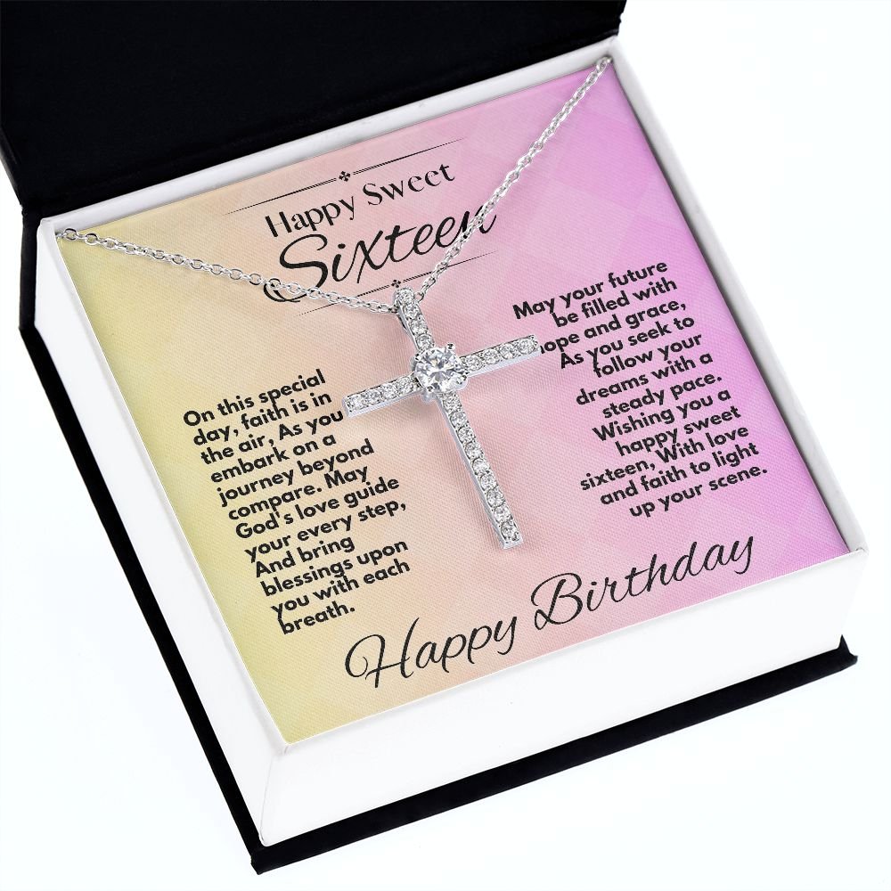 Gifts Ideas For Daughter On Her Sweet Sixteen Birthday, Unique Cz Cross Necklace With A Message Card In A Box, Present To My Baby Girl 16 Bday, Hope And Grace Pendant - Zahlia