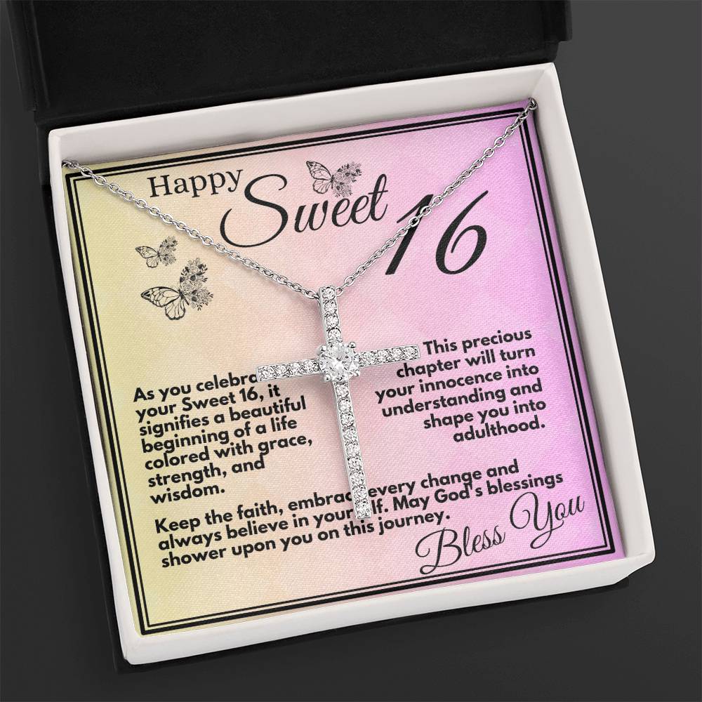 Sweet 16 Birthday Gift for Girls, Ideas For Your Daughter or Bonusdaughter, Sweet Sixteen Faith and Grace Elegant Cross Necklace Pendant Present With Gift Box Included - Zahlia