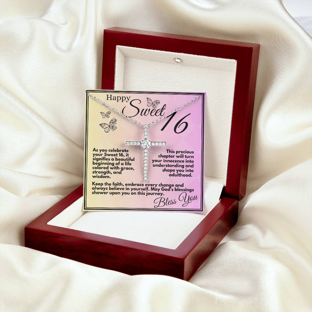 Sweet 16 Birthday Gift for Girls, Ideas For Your Daughter or Bonusdaughter, Sweet Sixteen Faith and Grace Elegant Cross Necklace Pendant Present With Gift Box Included - Zahlia