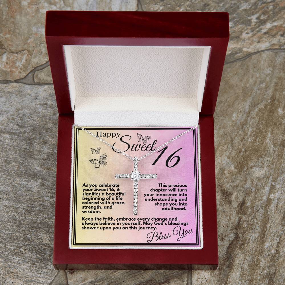 Sweet 16 Birthday Gift for Girls, Ideas For Your Daughter or Bonusdaughter, Sweet Sixteen Faith and Grace Elegant Cross Necklace Pendant Present With Gift Box Included - Zahlia