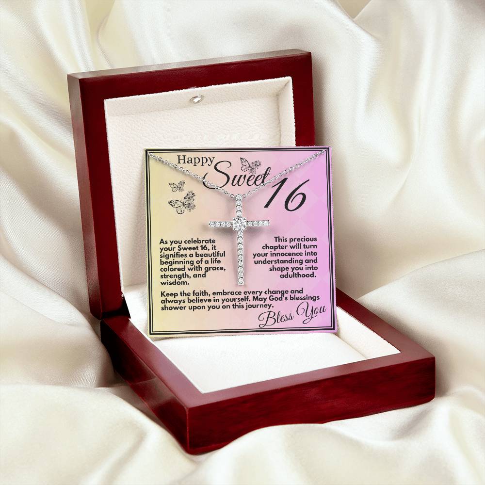 Sweet 16 Birthday Gift for Girls, Ideas For Your Daughter or Bonusdaughter, Sweet Sixteen Faith and Grace Elegant Cross Necklace Pendant Present With Gift Box Included - Zahlia