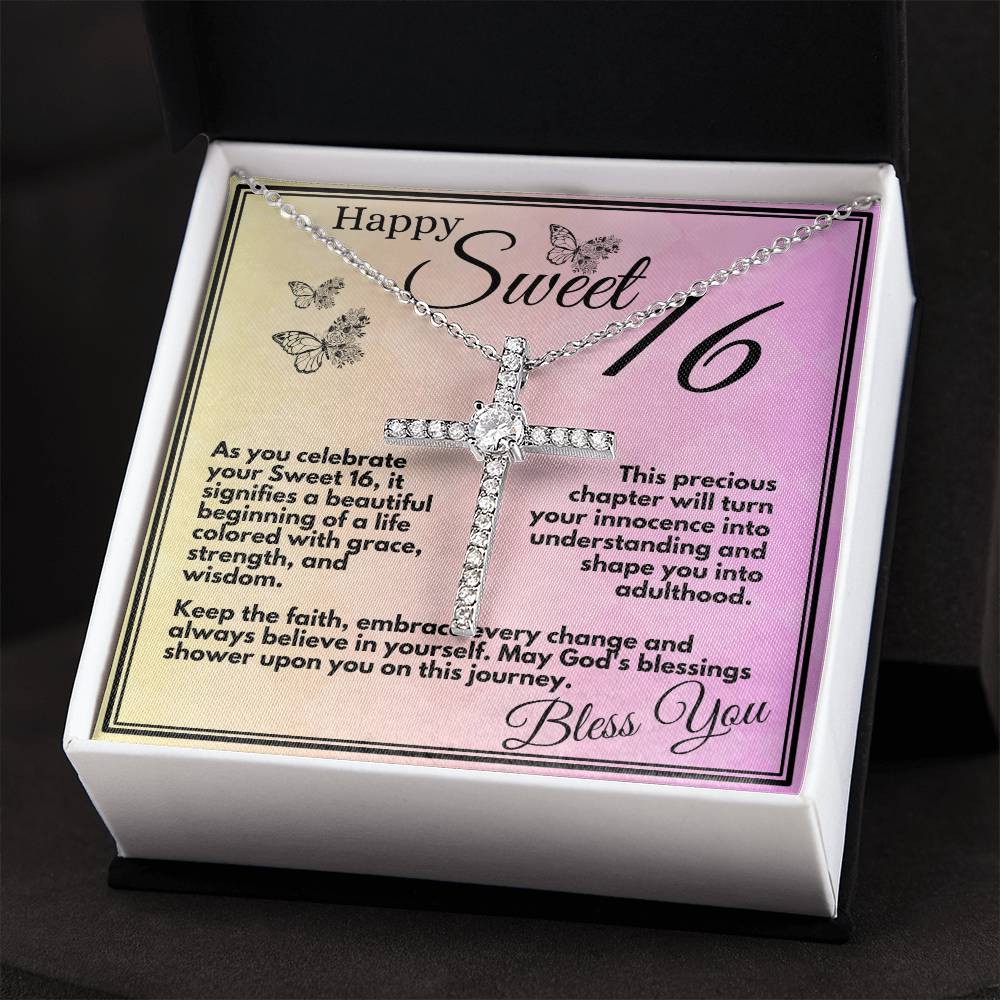 Sweet 16 Birthday Gift for Girls, Ideas For Your Daughter or Bonusdaughter, Sweet Sixteen Faith and Grace Elegant Cross Necklace Pendant Present With Gift Box Included - Zahlia