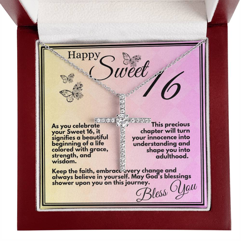 Sweet 16 Birthday Gift for Girls, Ideas For Your Daughter or Bonusdaughter, Sweet Sixteen Faith and Grace Elegant Cross Necklace Pendant Present With Gift Box Included - Zahlia