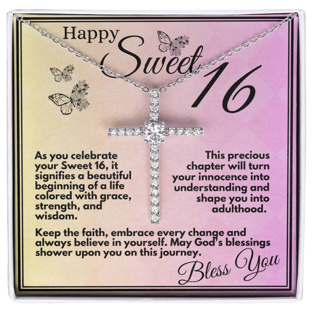 Sweet 16 Birthday Gift for Girls, Ideas For Your Daughter or Bonusdaughter, Sweet Sixteen Faith and Grace Elegant Cross Necklace Pendant Present With Gift Box Included - Zahlia