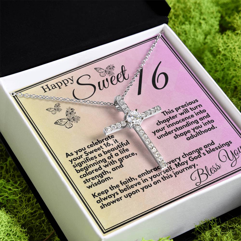 Sweet 16 Birthday Gift for Girls, Ideas For Your Daughter or Bonusdaughter, Sweet Sixteen Faith and Grace Elegant Cross Necklace Pendant Present With Gift Box Included - Zahlia
