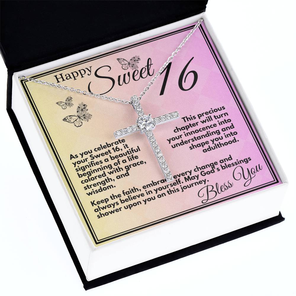 Sweet 16 Birthday Gift for Girls, Ideas For Your Daughter or Bonusdaughter, Sweet Sixteen Faith and Grace Elegant Cross Necklace Pendant Present With Gift Box Included - Zahlia