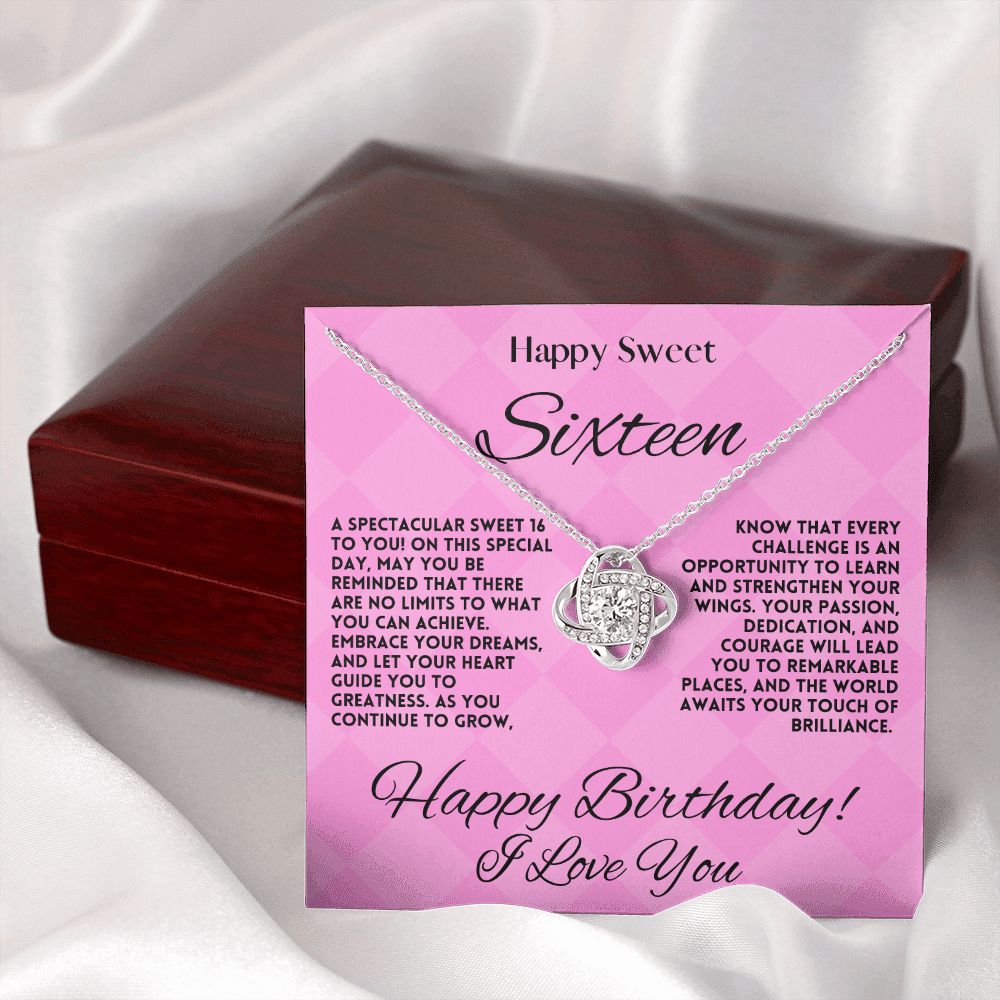 Sweet 16 Birthday Gift Jewelry Necklace For My Daughter - 16th Happy Bday Love Knot Pendant From Mom & Dad - Gift Ideas For A Sixteen Years Old Girl, Message Card And Gift Box - Zahlia