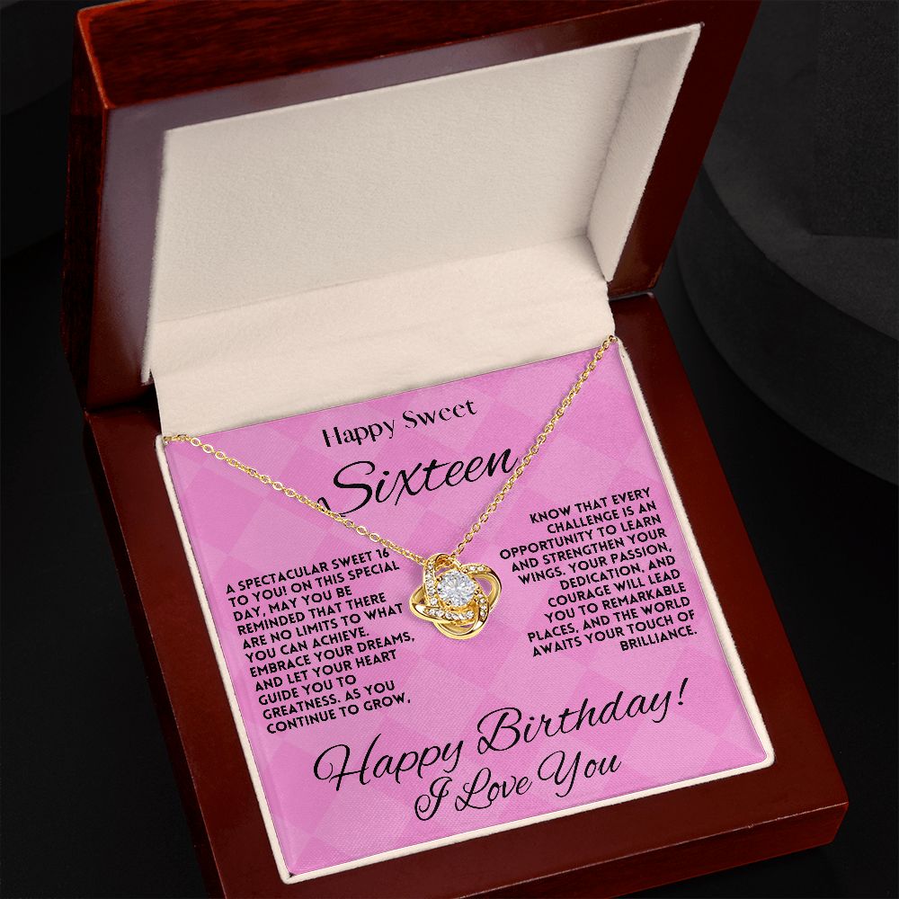 Sweet 16 Birthday Gift Jewelry Necklace For My Daughter - 16th Happy Bday Love Knot Pendant From Mom & Dad - Gift Ideas For A Sixteen Years Old Girl, Message Card And Gift Box - Zahlia