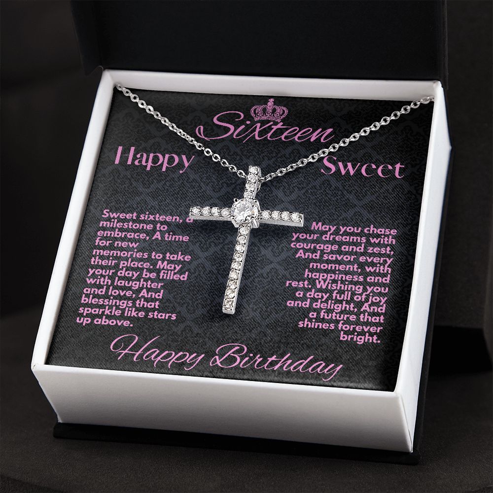 Sweet 16 Birthday Gift To My Daughter, Jewelry Cross Necklace With A Message Card In A Box, Unique Gifts Ideas For Sweet Sixteen Bday To Her, Girls Cross Pendant - Zahlia