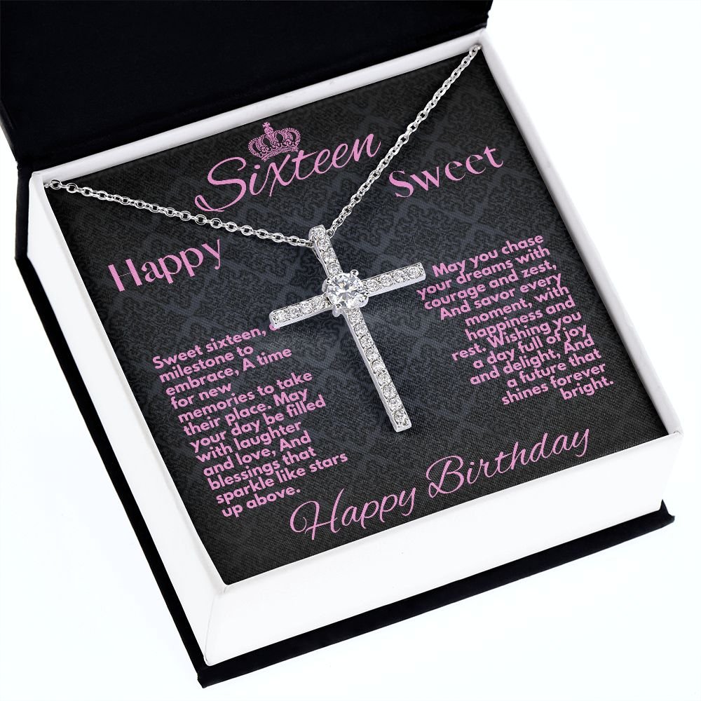 Sweet 16 Birthday Gift To My Daughter, Jewelry Cross Necklace With A Message Card In A Box, Unique Gifts Ideas For Sweet Sixteen Bday To Her, Girls Cross Pendant - Zahlia