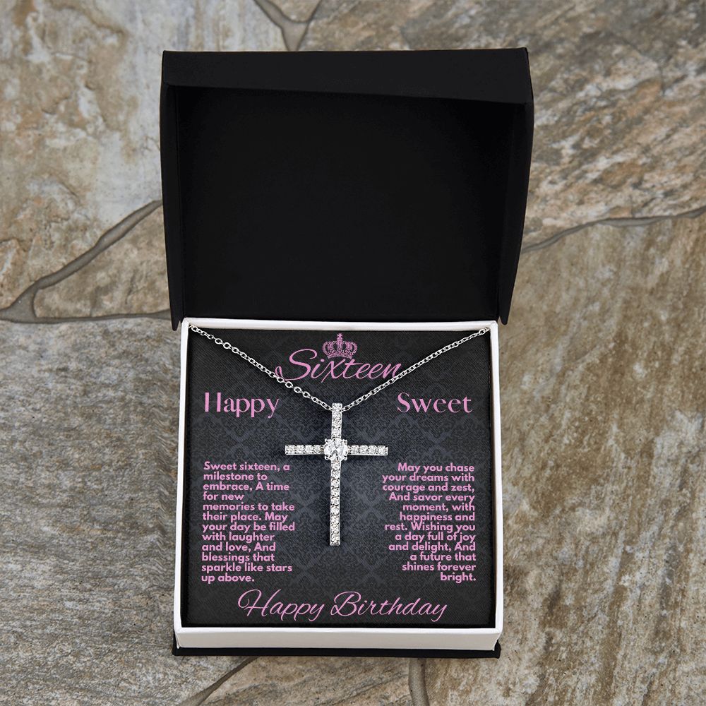 Sweet 16 Birthday Gift To My Daughter, Jewelry Cross Necklace With A Message Card In A Box, Unique Gifts Ideas For Sweet Sixteen Bday To Her, Girls Cross Pendant - Zahlia