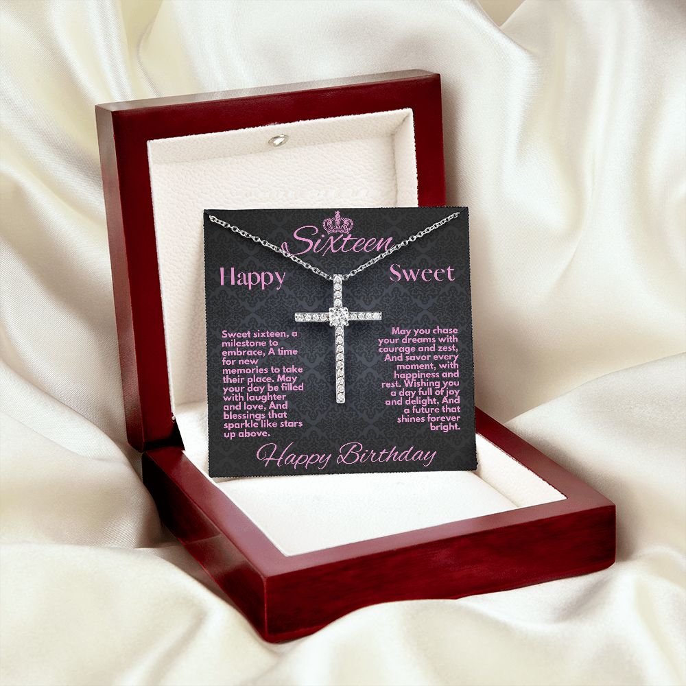 Sweet 16 Birthday Gift To My Daughter, Jewelry Cross Necklace With A Message Card In A Box, Unique Gifts Ideas For Sweet Sixteen Bday To Her, Girls Cross Pendant - Zahlia