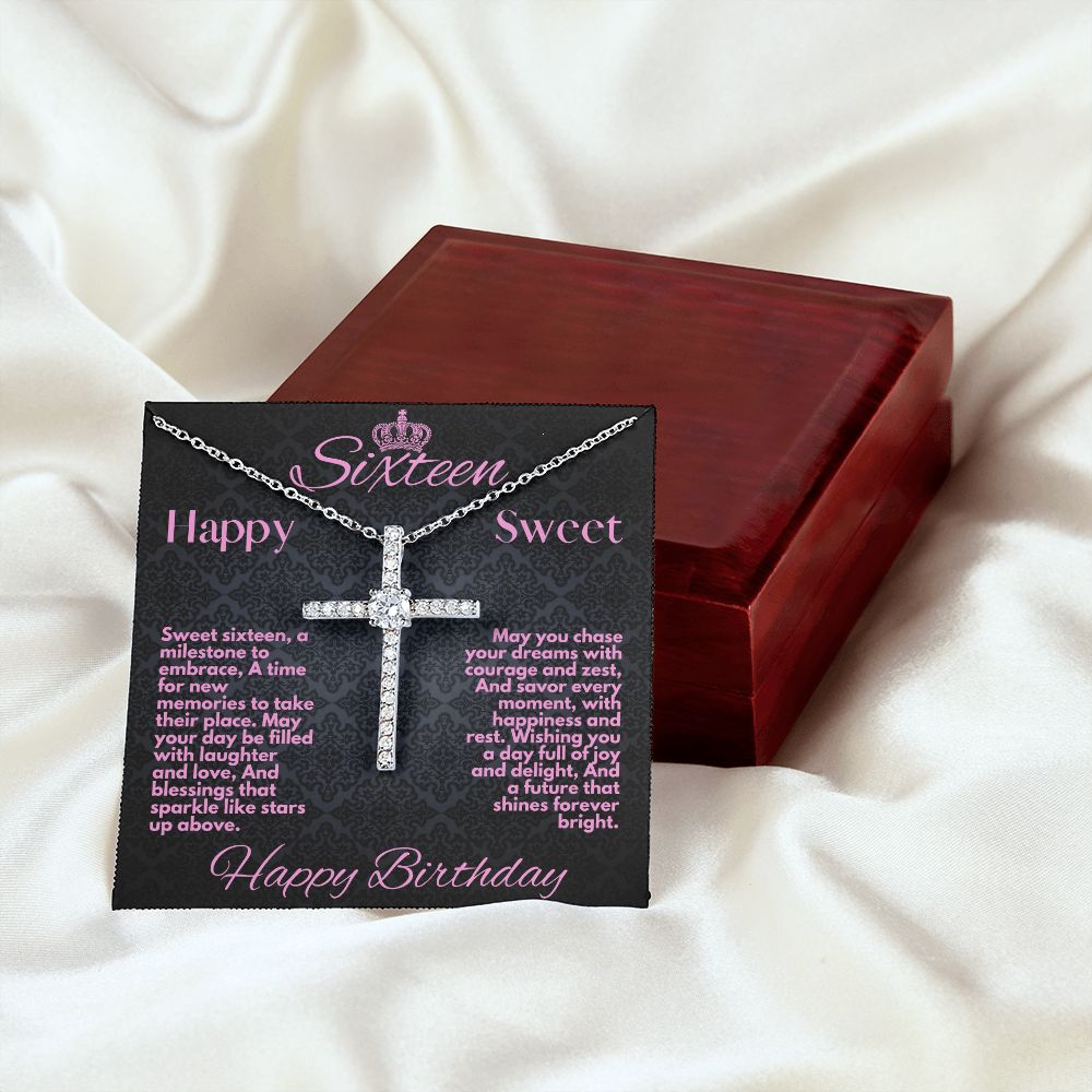 Sweet 16 Birthday Gift To My Daughter, Jewelry Cross Necklace With A Message Card In A Box, Unique Gifts Ideas For Sweet Sixteen Bday To Her, Girls Cross Pendant - Zahlia